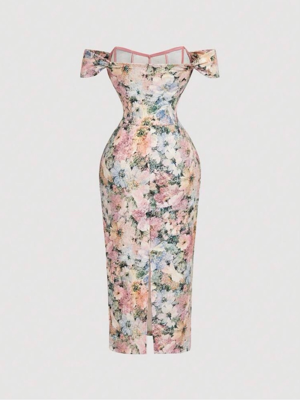 Off-Shoulder Pink Floral Midi Dress with Corset Detailing size S - Picture 4 of 5